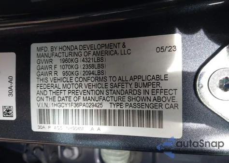 2023 Honda Accord Ex z USA, uszkodzony, nr VIN 1HGCY1F36PA029425